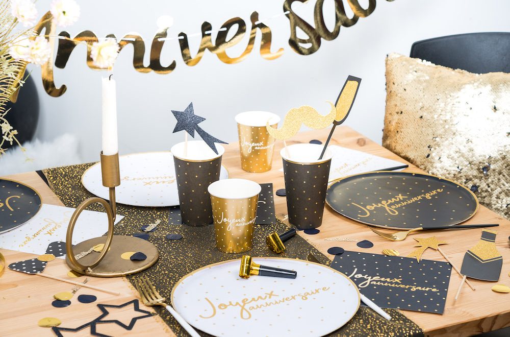 Chemin de table Joyeux Anniversaire Noir & Or